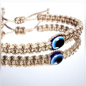 Beige Evil Eye Bracelet, Tan Braided Bracelet, Unisex Bracelet, Handmade